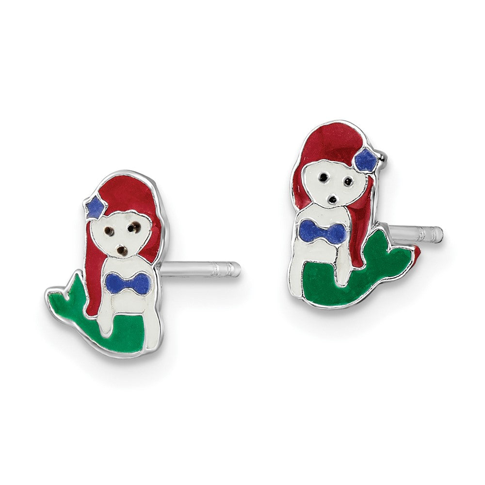 Sterling Silver Rhodium-Plated Polished And Multi-Color Enameled Mermaid Children'S Post Earrings