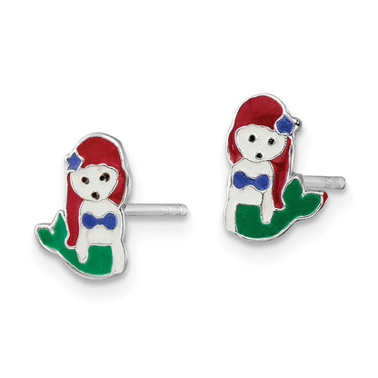 Sterling Silver Rhodium-Plated Polished And Multi-Color Enameled Mermaid Children'S Post Earrings