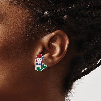 Sterling Silver Rhodium-Plated Polished And Multi-Color Enameled Mermaid Children'S Post Earrings