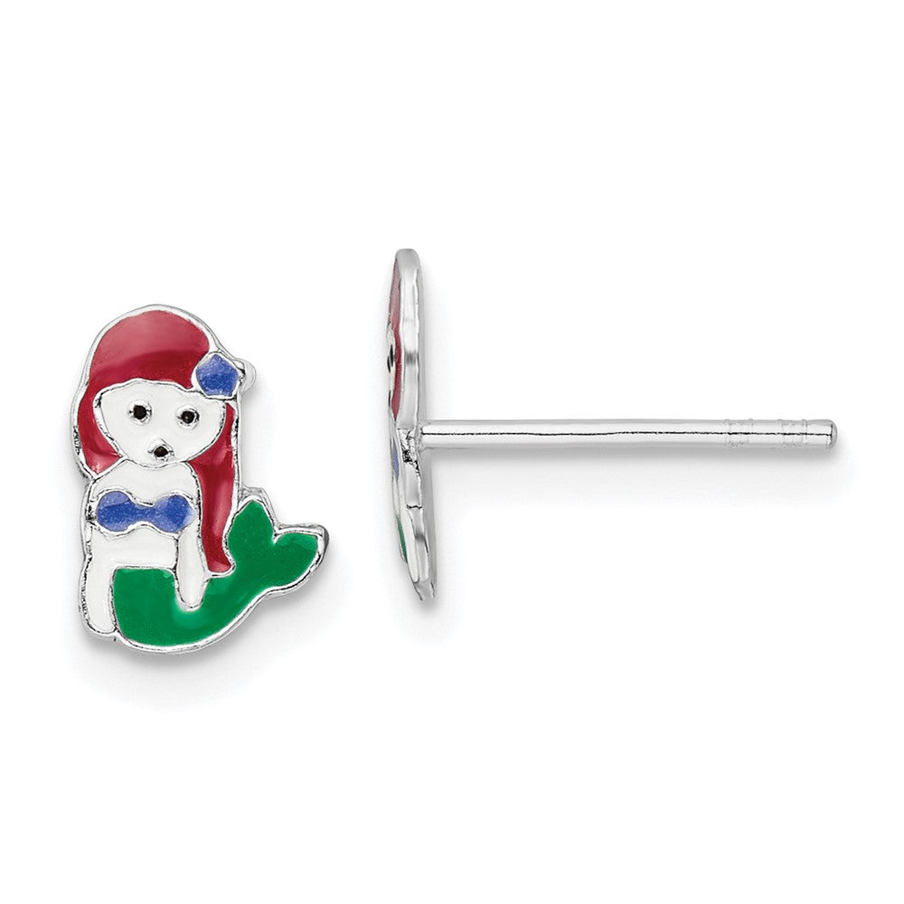 Sterling Silver Rhodium-Plated Polished And Multi-Color Enameled Mermaid Children'S Post Earrings