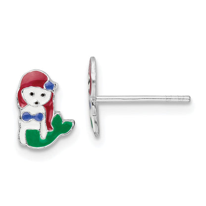 Sterling Silver Rhodium-Plated Polished And Multi-Color Enameled Mermaid Children'S Post Earrings