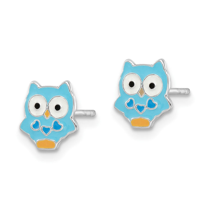 Sterling Silver Rhodium-Plated Polished Multi-Color Enameled Blue Owl Children'S Post Earrings