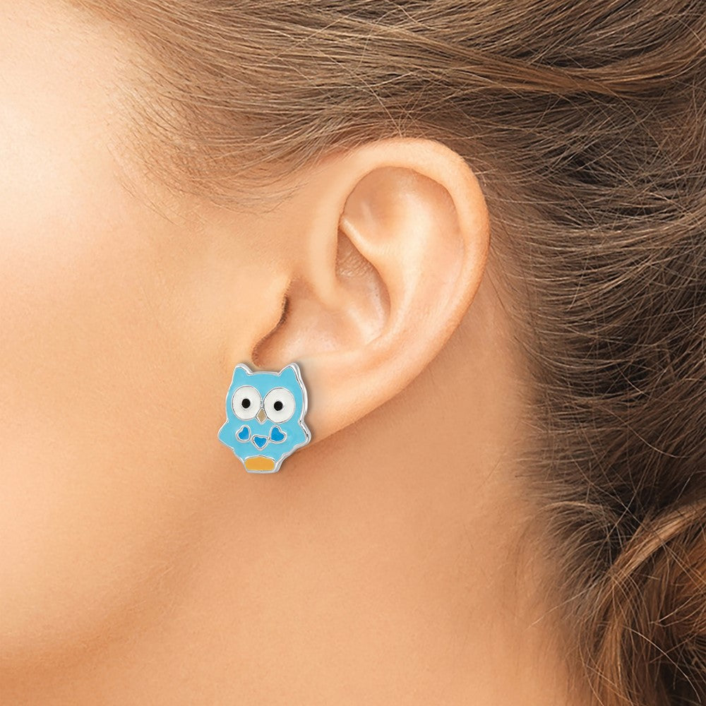 Sterling Silver Rhodium-Plated Polished Multi-Color Enameled Blue Owl Children'S Post Earrings