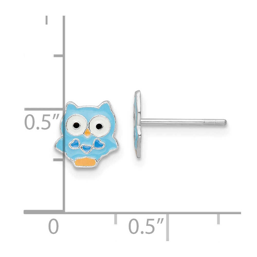 Sterling Silver Rhodium-Plated Polished Multi-Color Enameled Blue Owl Children'S Post Earrings