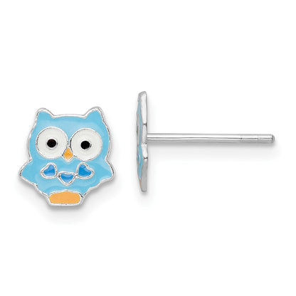 Sterling Silver Rhodium-Plated Polished Multi-Color Enameled Blue Owl Children'S Post Earrings
