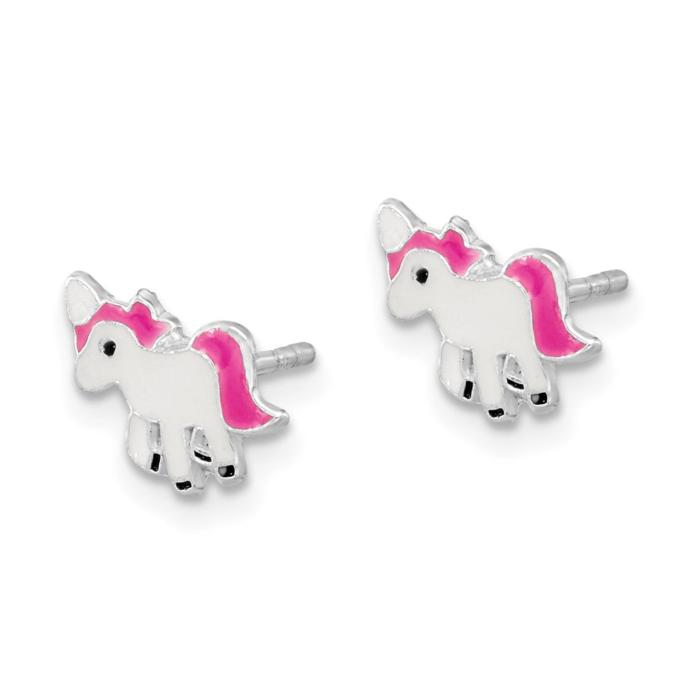 Sterling Silver Rhodium-Plated Polished Multi-Color Enameled Pink Unicorn Children'S Post Earrings