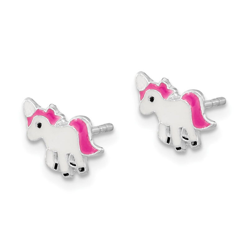 Sterling Silver Rhodium-Plated Polished Multi-Color Enameled Pink Unicorn Children'S Post Earrings