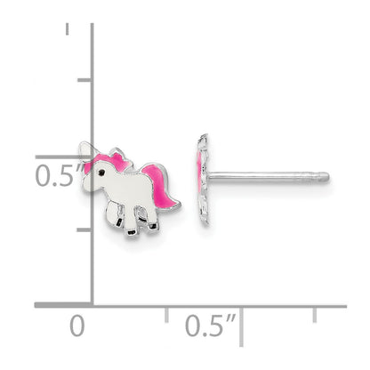 Sterling Silver Rhodium-Plated Polished Multi-Color Enameled Pink Unicorn Children'S Post Earrings