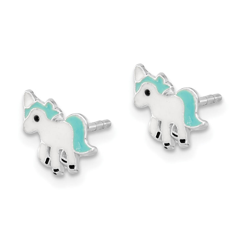 Sterling Silver Rhodium-Plated Polished Multi-Color Enameled Blue Unicorn Children'S Post Earrings