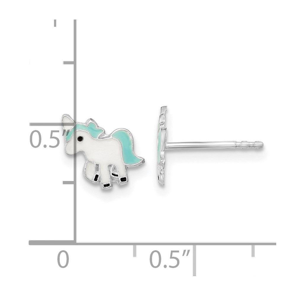Sterling Silver Rhodium-Plated Polished Multi-Color Enameled Blue Unicorn Children'S Post Earrings
