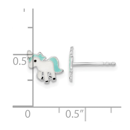 Sterling Silver Rhodium-Plated Polished Multi-Color Enameled Blue Unicorn Children'S Post Earrings