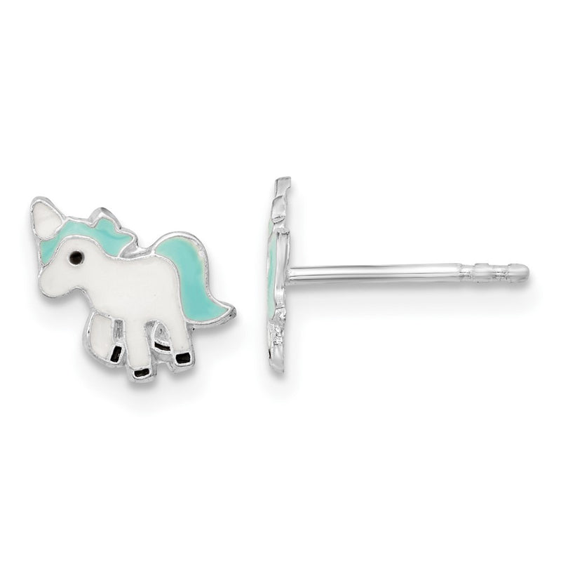 Sterling Silver Rhodium-Plated Polished Multi-Color Enameled Blue Unicorn Children'S Post Earrings