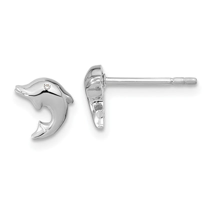 Sterling Silver Rh-Plated Polished Cz Dolphin Post Earrings