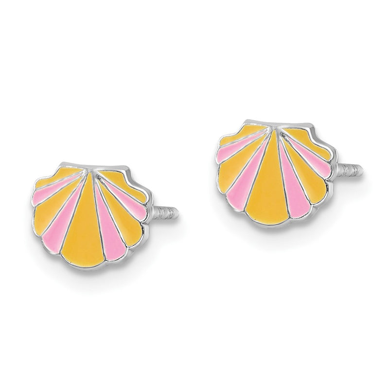Sterling Silver Rhodium-Plated Polished Pink And Orange Enameled Shell Children'S Post Earrings
