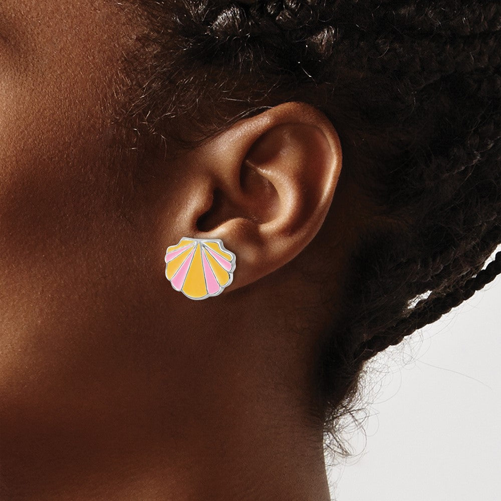 Sterling Silver Rhodium-Plated Polished Pink And Orange Enameled Shell Children'S Post Earrings
