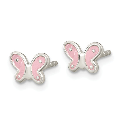Sterling Silver Rh-Pltd Polish Pink Enamel Butterfly Childs Post Earrings