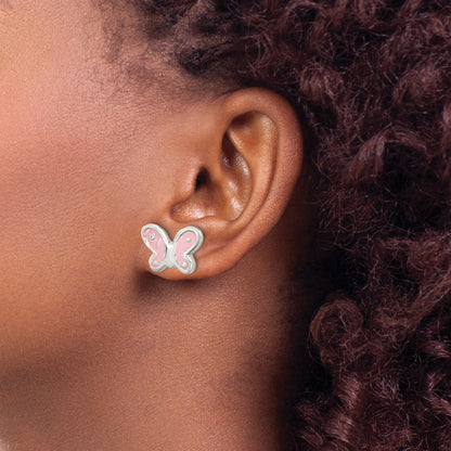 Sterling Silver Rh-Pltd Polish Pink Enamel Butterfly Childs Post Earrings