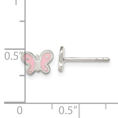 Sterling Silver Rh-Pltd Polish Pink Enamel Butterfly Childs Post Earrings