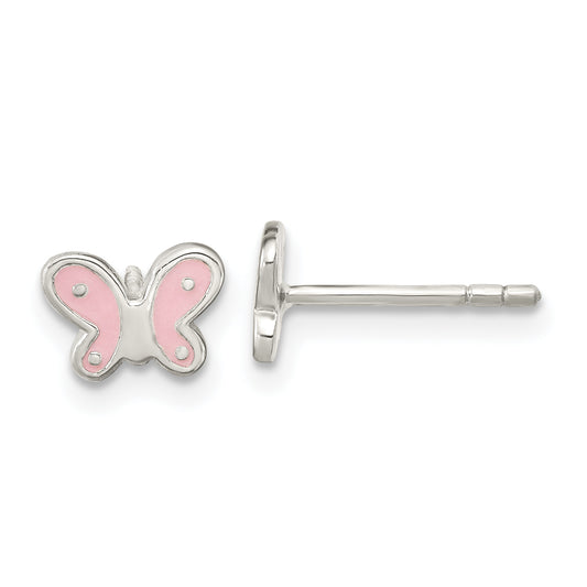 Sterling Silver Rh-Pltd Polish Pink Enamel Butterfly Childs Post Earrings