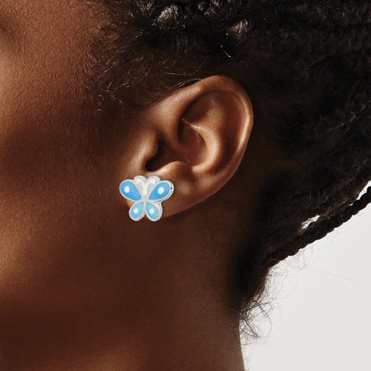 Sterling Silver Rhodium-Plated Polished Blue Enameled Butterfly Children'S Post Earrings