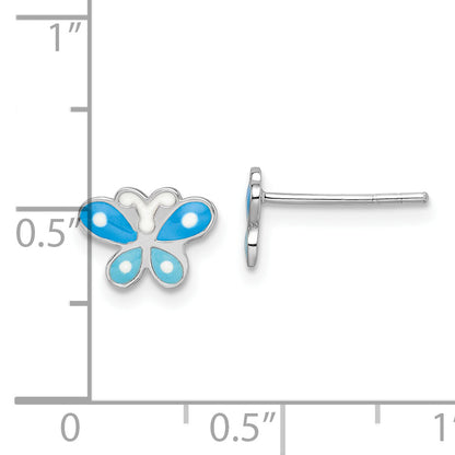 Sterling Silver Rhodium-Plated Polished Blue Enameled Butterfly Children'S Post Earrings