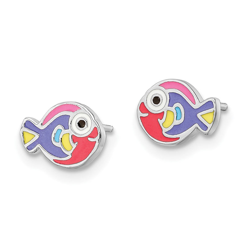 Sterling Silver Rhodium-Plated Polished Multi-Color Enameled Fish Children'S Post Earrings