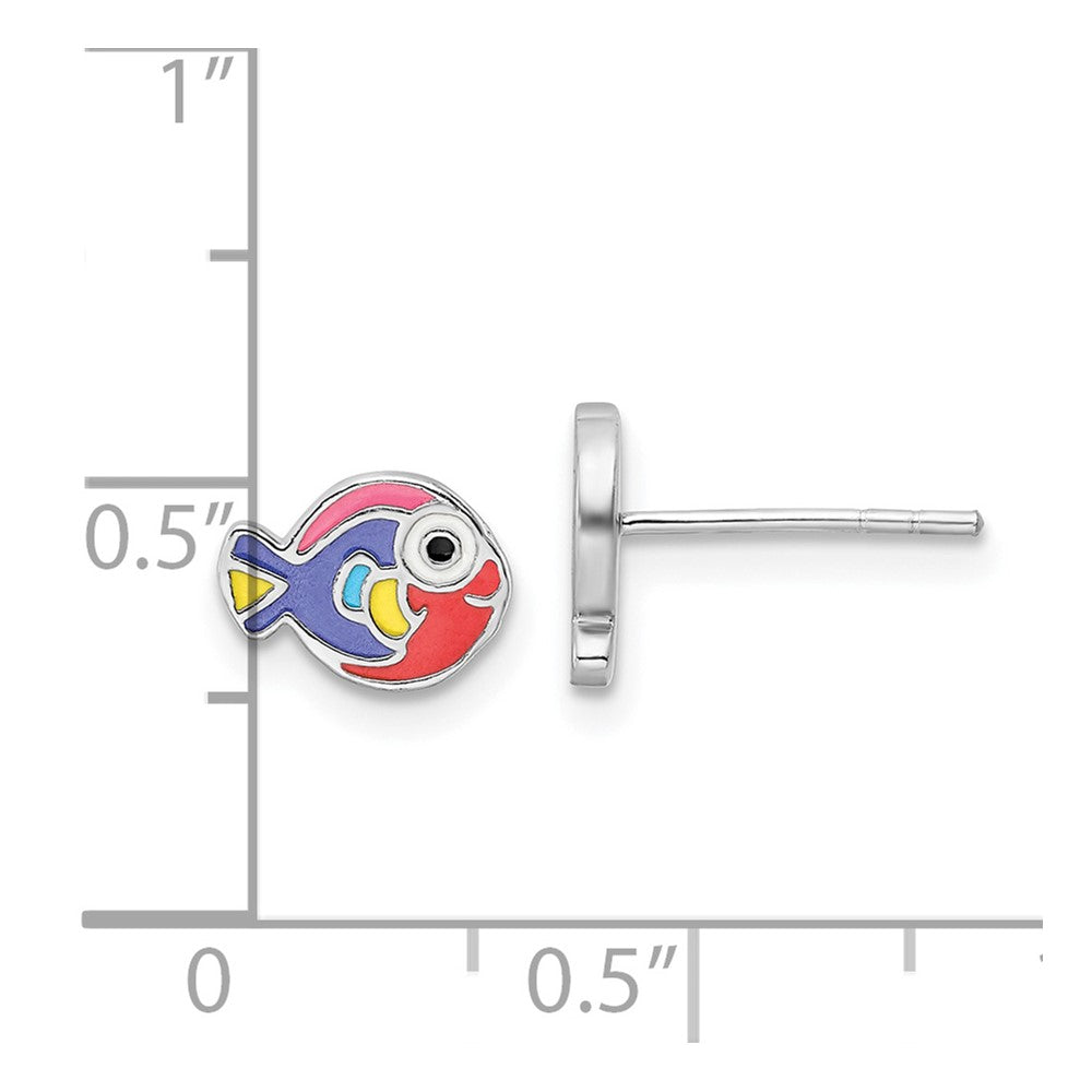 Sterling Silver Rhodium-Plated Polished Multi-Color Enameled Fish Children'S Post Earrings