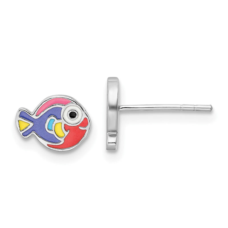 Sterling Silver Rhodium-Plated Polished Multi-Color Enameled Fish Children'S Post Earrings