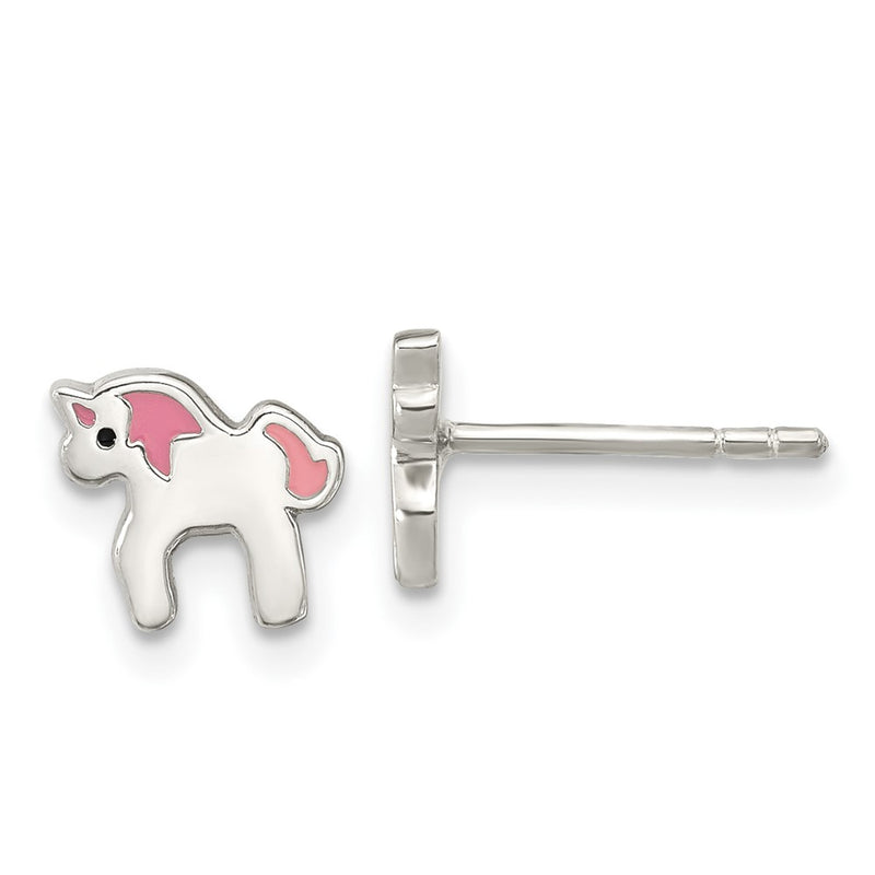 Sterling Silver Polished Multi-Color Enameled Unicorn Children'S Post Earrings