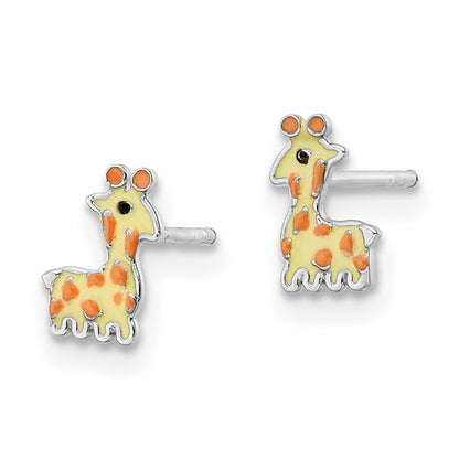 Sterling Silver Rhodium-Plated Polished & Yellow, Orange Black Enameled Giraffe Children'S Post Earrings