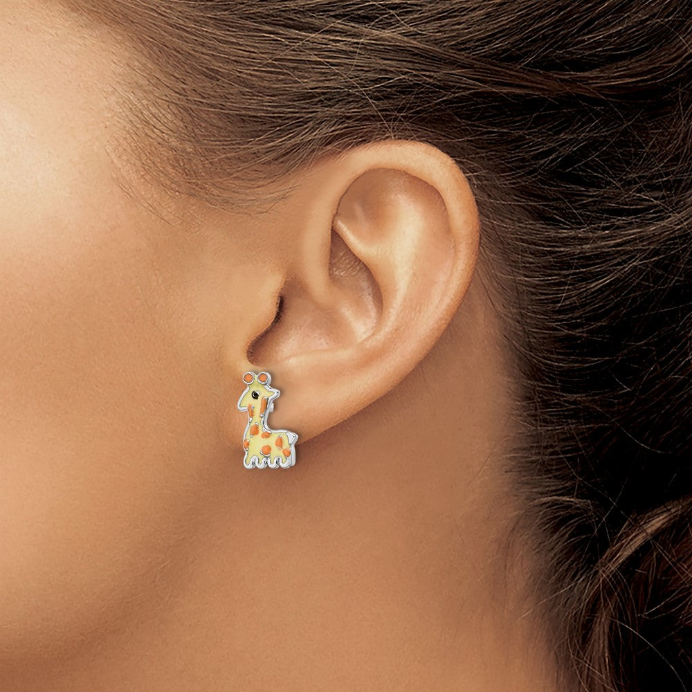 Sterling Silver Rhodium-Plated Polished & Yellow, Orange Black Enameled Giraffe Children'S Post Earrings