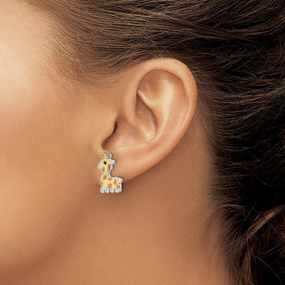 Sterling Silver Rhodium-Plated Polished & Yellow, Orange Black Enameled Giraffe Children'S Post Earrings
