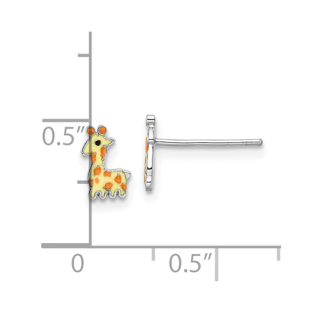 Sterling Silver Rhodium-Plated Polished & Yellow, Orange Black Enameled Giraffe Children'S Post Earrings