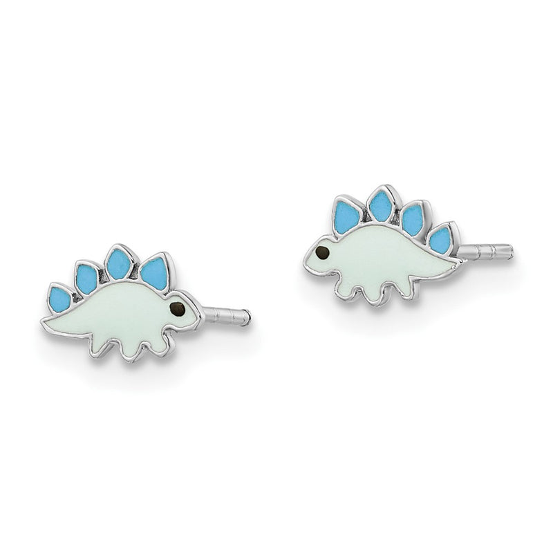 Sterling Silver Rhodium-Plated Polished & Blue/Black Enameled Dinosaur Children'S Post Earrings