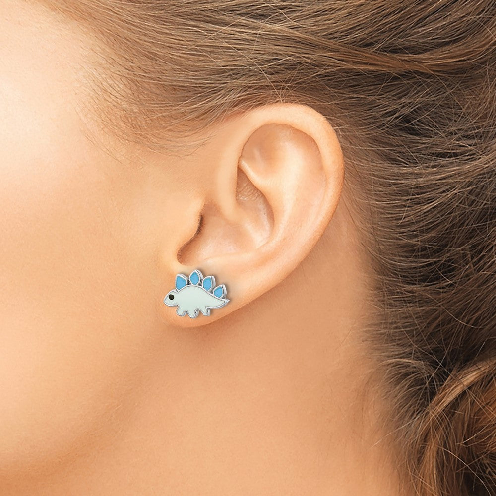 Sterling Silver Rhodium-Plated Polished & Blue/Black Enameled Dinosaur Children'S Post Earrings