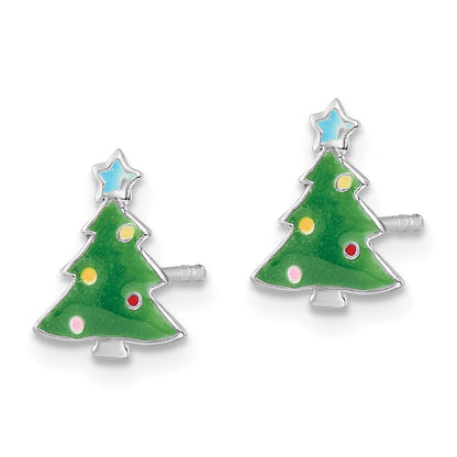 Sterling Silver Rhodium-Plated Polished Multi-Color Enameled Christmas Tree Children'S Post Earrings