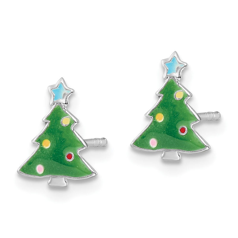 Sterling Silver Rhodium-Plated Polished Multi-Color Enameled Christmas Tree Children'S Post Earrings