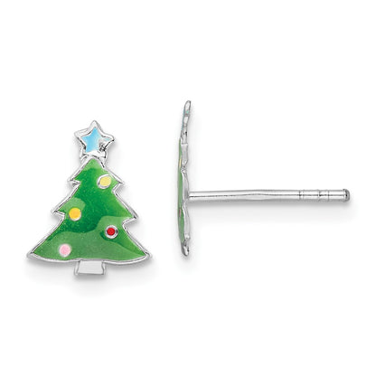 Sterling Silver Rhodium-Plated Polished Multi-Color Enameled Christmas Tree Children'S Post Earrings