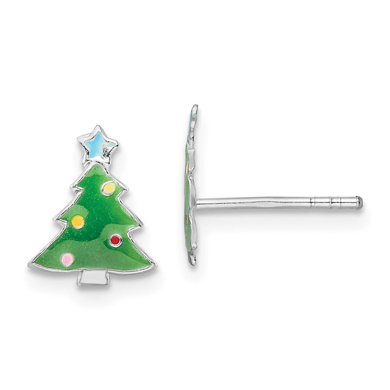 Sterling Silver Rhodium-Plated Polished Multi-Color Enameled Christmas Tree Children'S Post Earrings