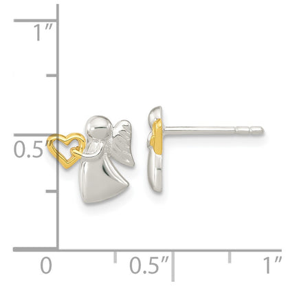 Sterling Silver Angel Gold Tone Heart Polished Post Earrings