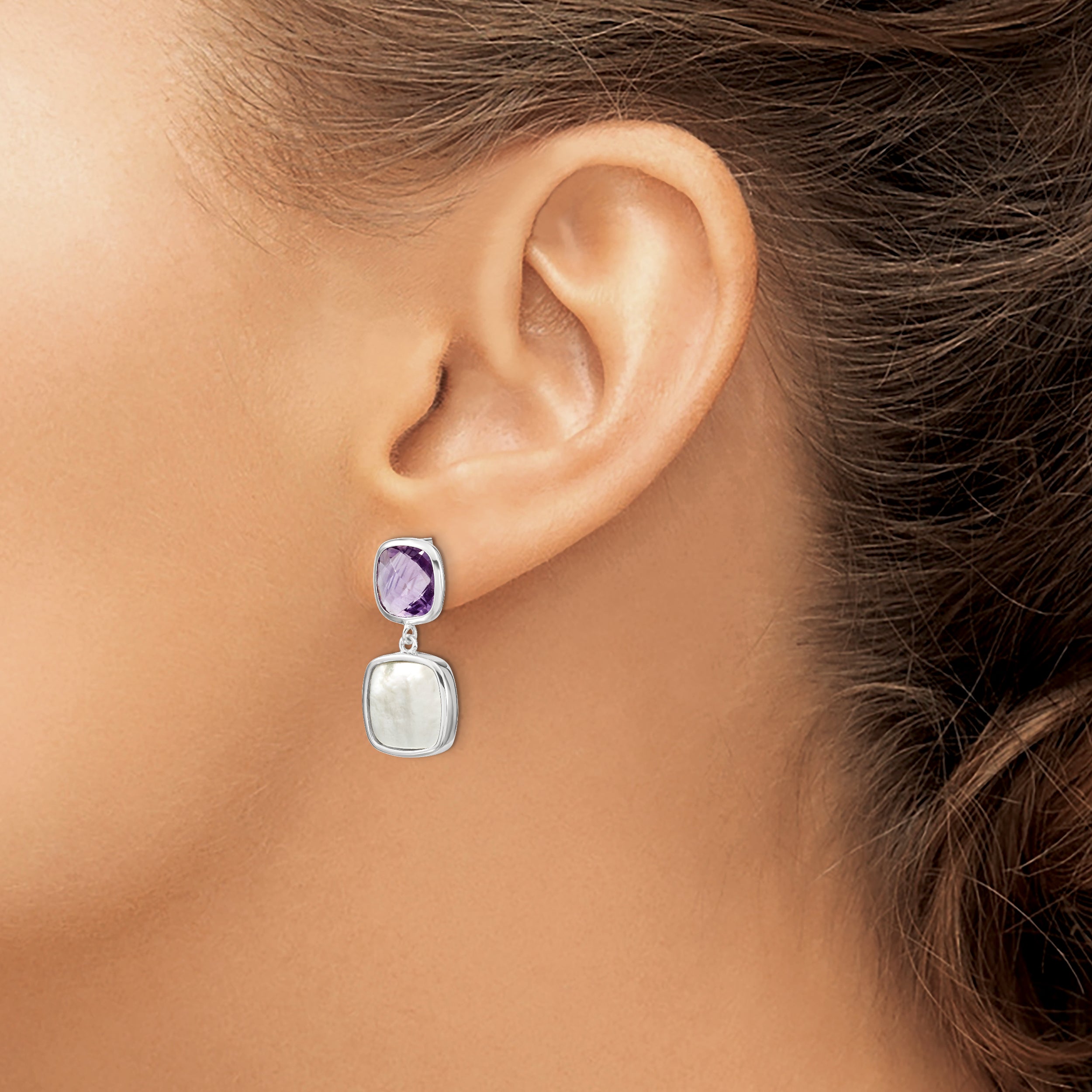 Sterling Silver Rhod-Plated 7.36Amethyst/Mop Post Dangle Earrings
