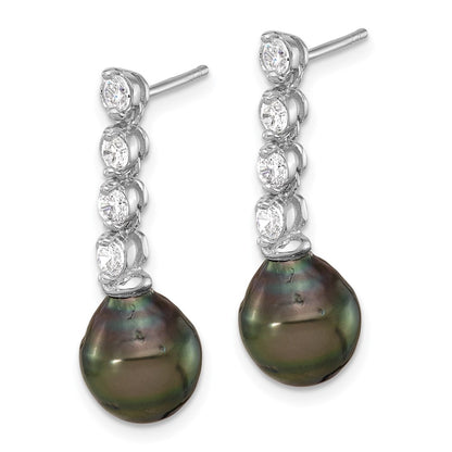 Sterling Silver Rhodium Plated 9-10mm Tahitian Pearl/cz Post Dangle Earrings
