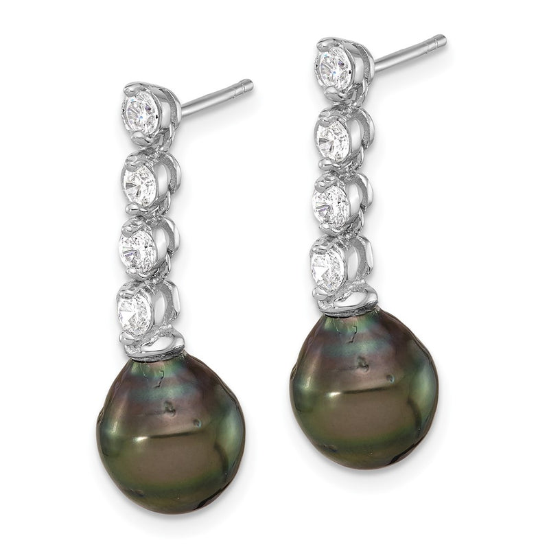 Sterling Silver Rhodium Plated 9-10mm Tahitian Pearl/cz Post Dangle Earrings