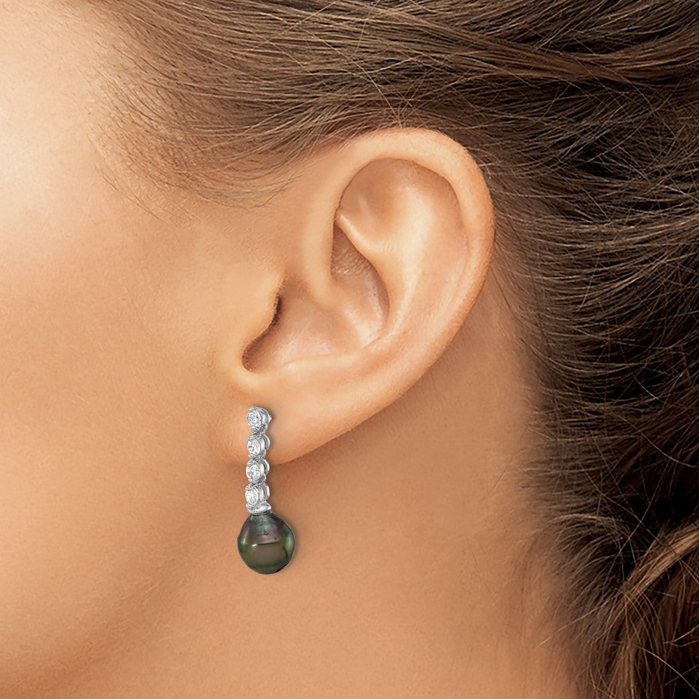 Sterling Silver Rhodium Plated 9-10mm Tahitian Pearl/cz Post Dangle Earrings