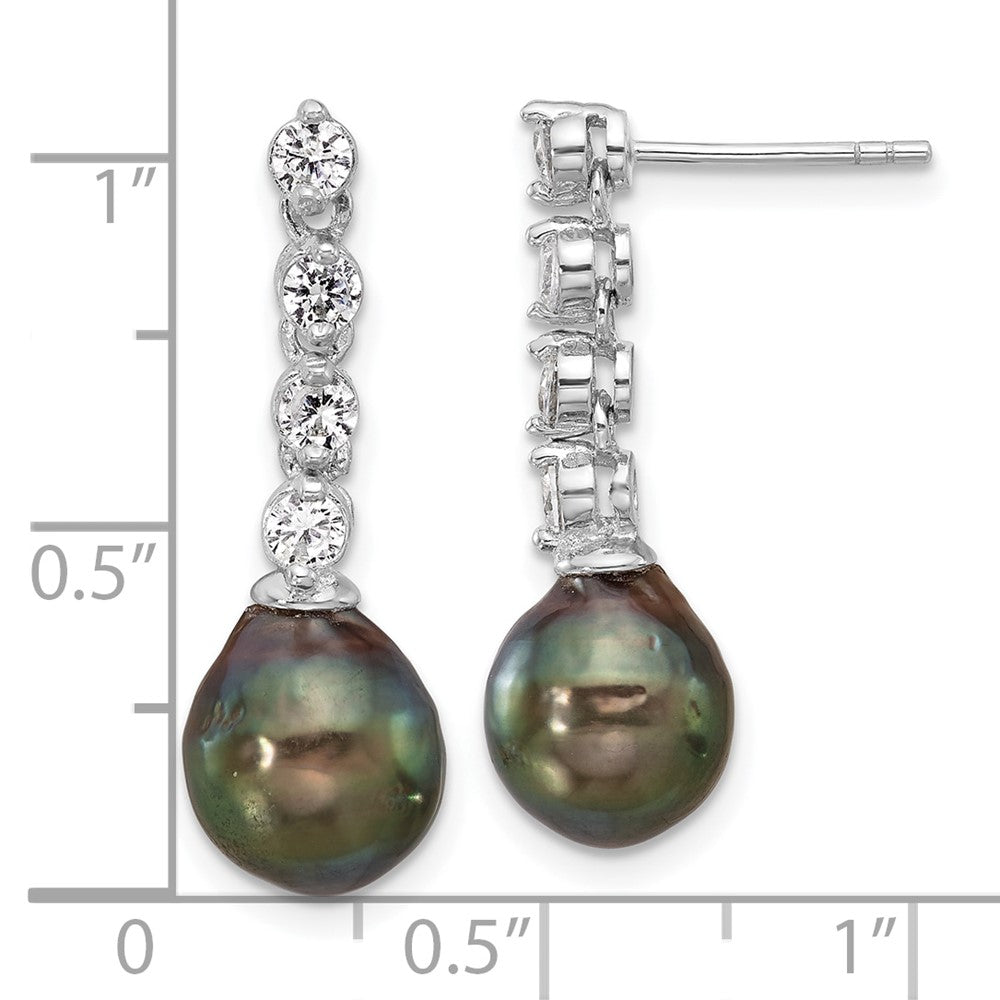 Sterling Silver Rhodium Plated 9-10mm Tahitian Pearl/cz Post Dangle Earrings