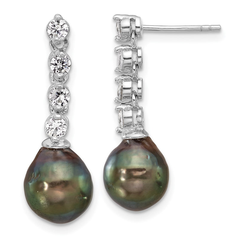 Sterling Silver Rhodium Plated 9-10mm Tahitian Pearl/cz Post Dangle Earrings