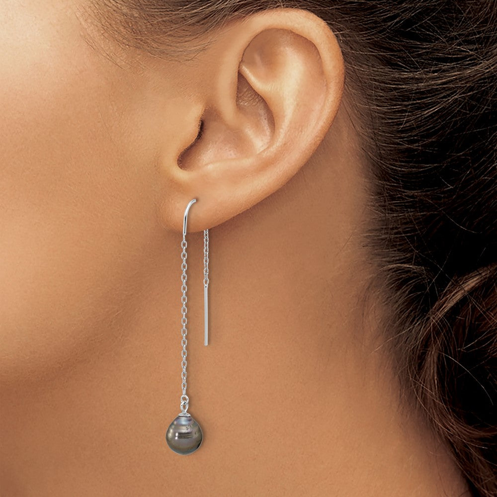 Sterling Silver Rhodium-Plated Black Tahitian Pearl Threader Earrings