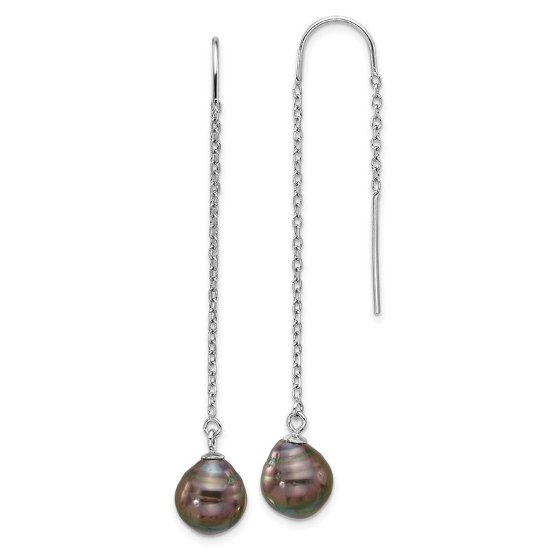 Sterling Silver Rhodium-Plated Black Tahitian Pearl Threader Earrings