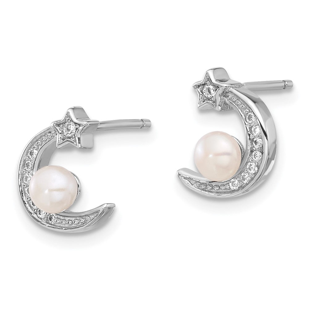 Sterling Silver Rhodium Plated CZ and Fwc Pearl Moon and Star Post Earrings