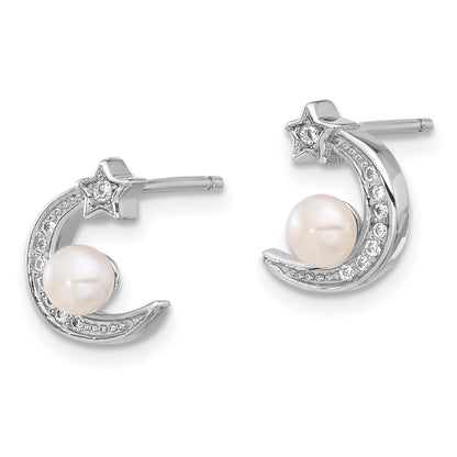 Sterling Silver Rhodium Plated CZ and Fwc Pearl Moon and Star Post Earrings